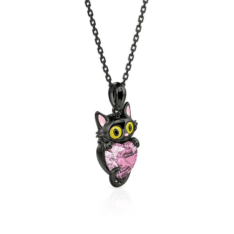 Jeulia Hug Me Custom Birthstone Black Cat Necklace