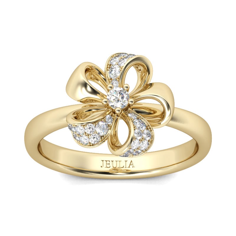 Jeulia Gold Tone Flower Design Round Cut Sterling Silver Ring