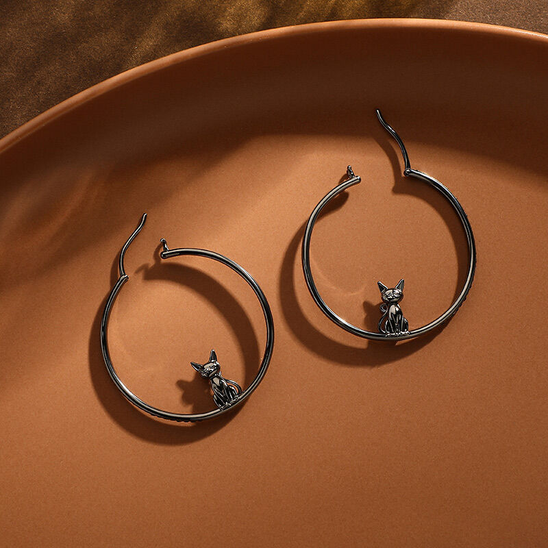 Jeulia "Death Witness" Black Cat Sterling Silver Hoop Earrings