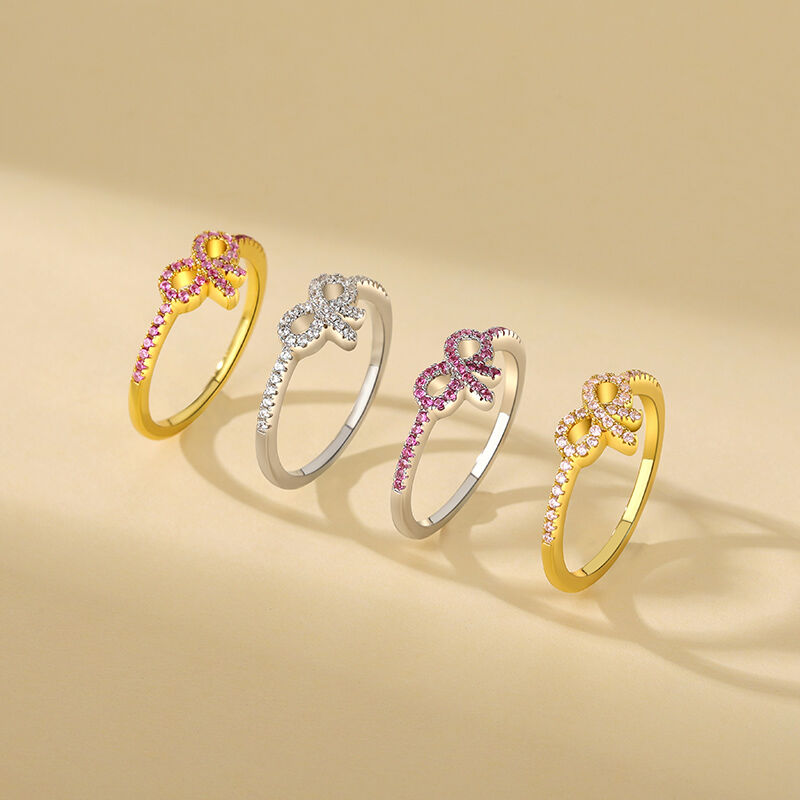 Jeulia Simple Pink Pave Bow Ring Sterling Silver Gold Tone