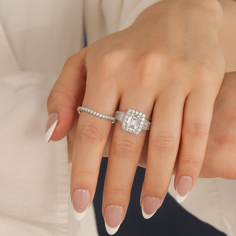 Jeulia Conjunto de Anillos de Novia Art Deco con Halo de Plata de Ley