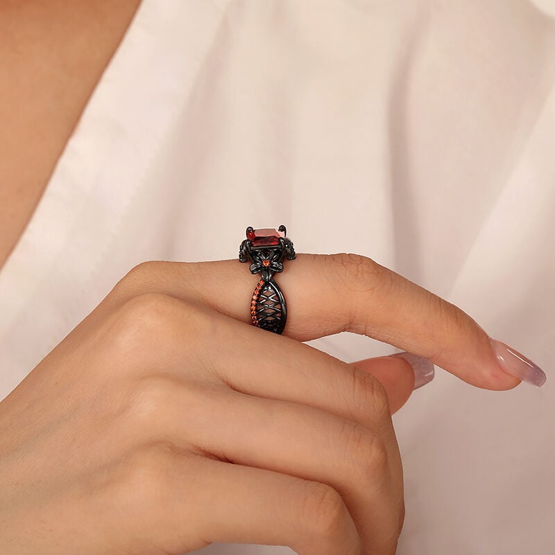 Jeulia Floral Radiant Ruby Gothic Black Skull Ring Hollow Shank