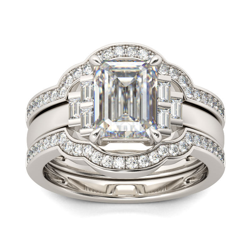 Jeulia Terno De Anillos De Talla Esmeralda En Plata De Ley
