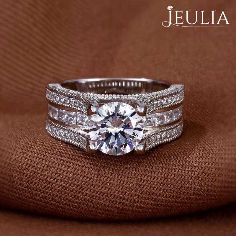 Jeulia Three Side Pave Round Cut Sterling Silver Ring