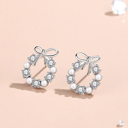 Jeulia Bowknot Pearl Wreath Sterling Silver Stud Earrings