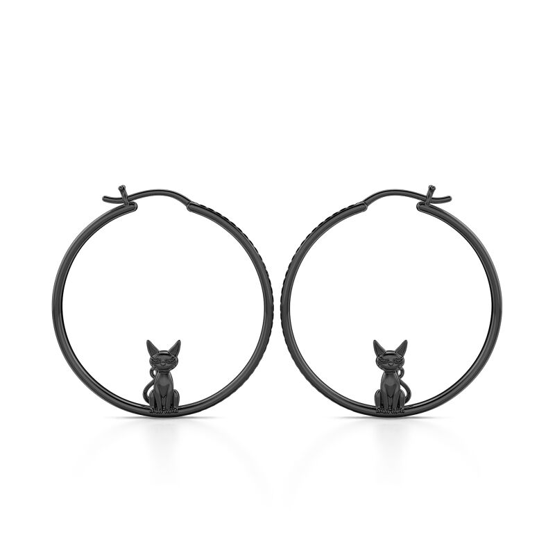 Jeulia "Death Witness" Black Cat Sterling Silver Hoop Earrings