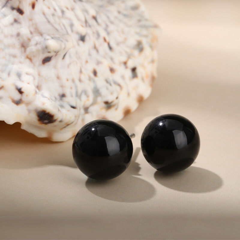 Jeulia "Believe in Yourself" Round Natural Black Agate Stud Earrings