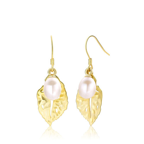 Jeulia Leaf Freshwater Pearl Sterling Silver Drop Earrings