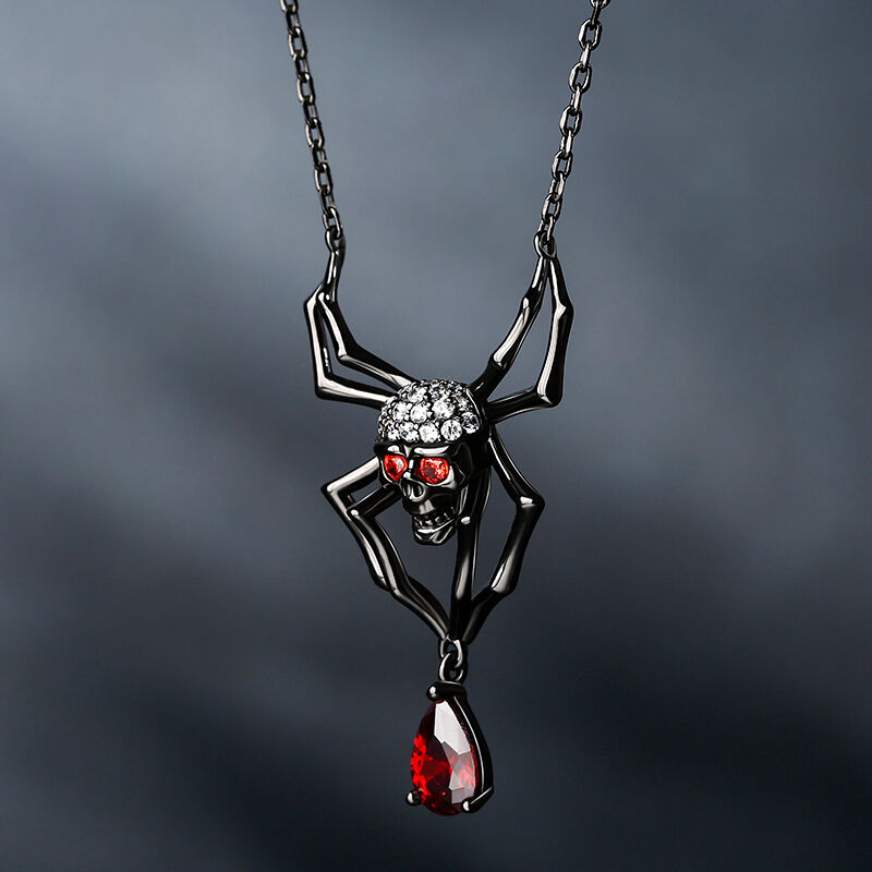 Jeulia Black Tone Spider with Skull Head Sterling Silver Necklace