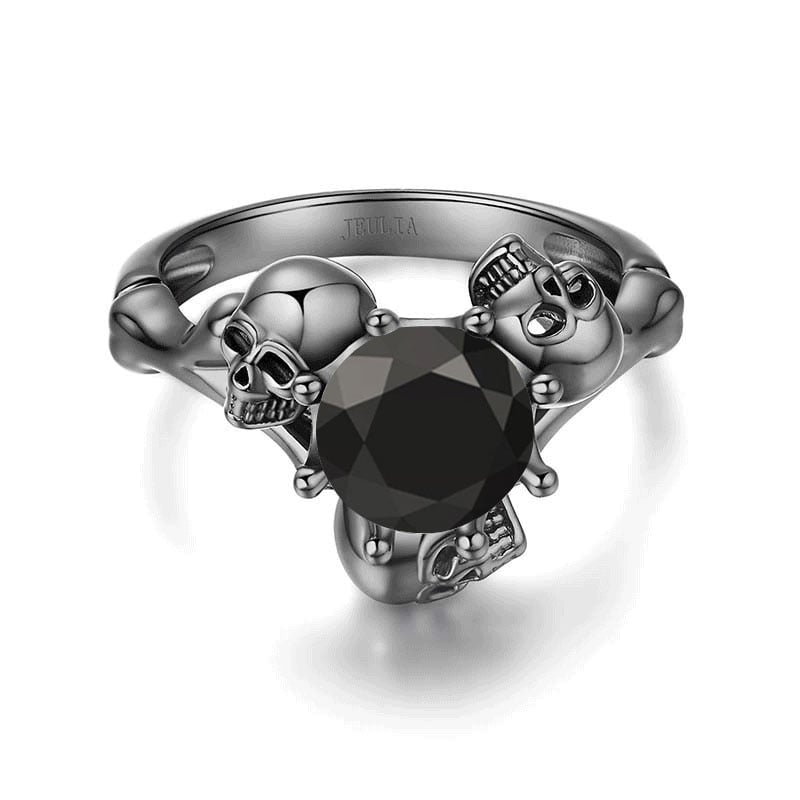Round Cut Sterling Silver Three-Skull Design Skull Ring