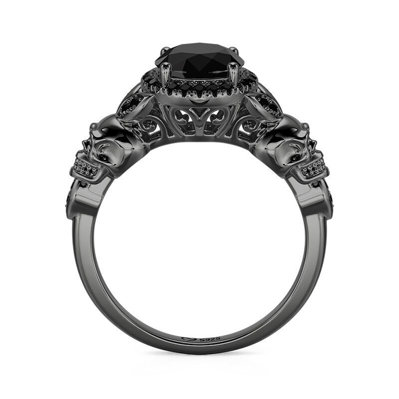 Jeulia Bague Crâne Noir Halo Coupe Ronde Gothique en Argent Sterling