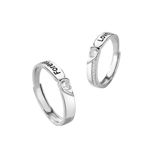 Jeulia Half Heart Round Cut Sterling Silver Adjustable Couple Ring