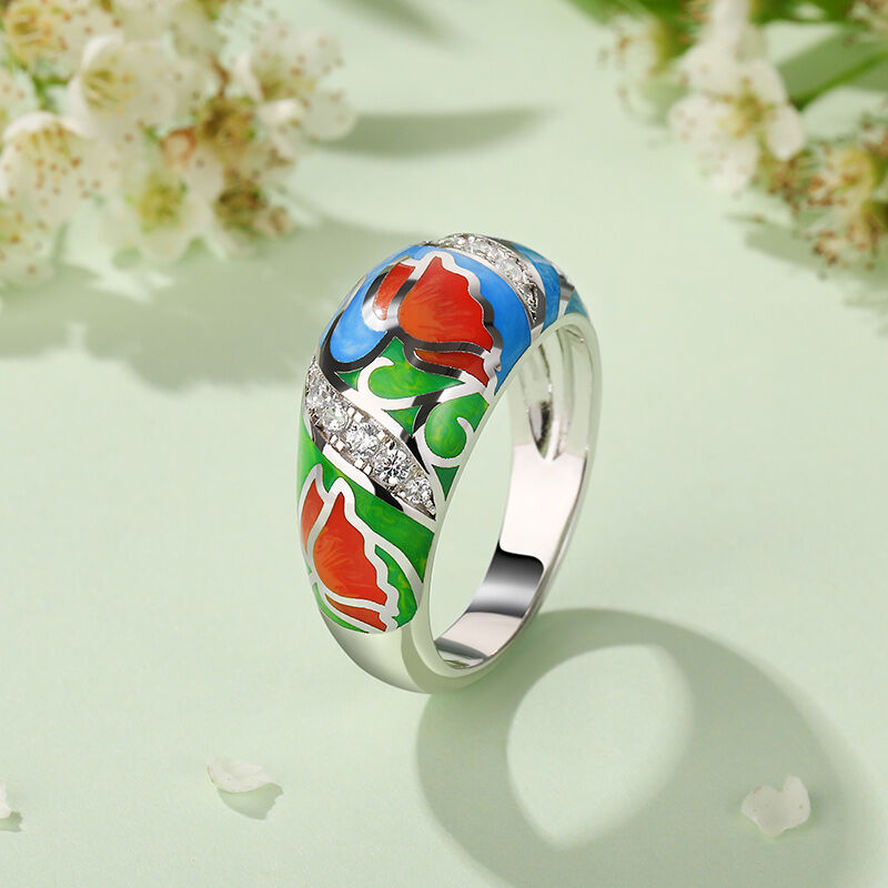 Jeulia "Ideal Love" Flower Enamel Sterling Silver Ring
