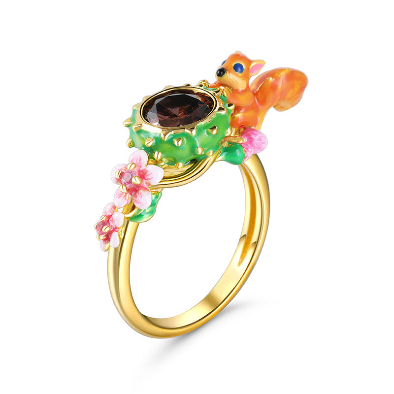 Jeulia "Have Fun" Squirrel with Flower Enamel Sterling Silver Ring