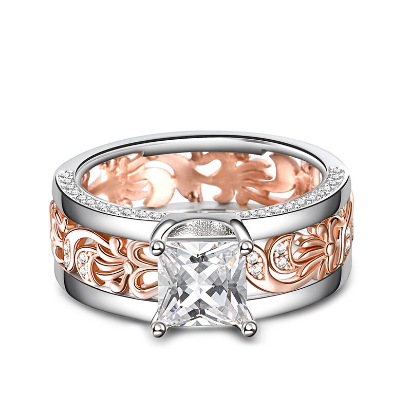 Jeulia Two Tone Princess Cut Floral and Leaf Carved Unique Sterling Silver Ring
