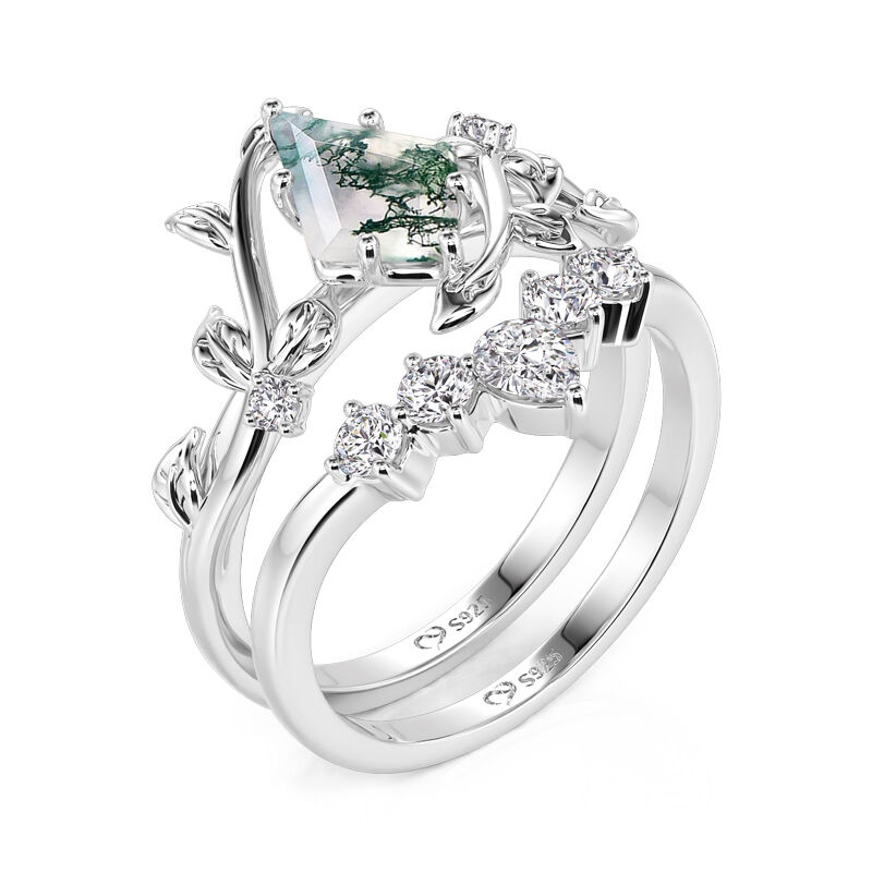 Jeulia Juego de Anillos de Ágata Musgo con Hoja Envolvente en Plata Esterlina