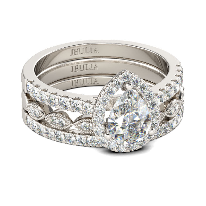 Jeulia Halo Pear Cut Sterling Silver Ring Set