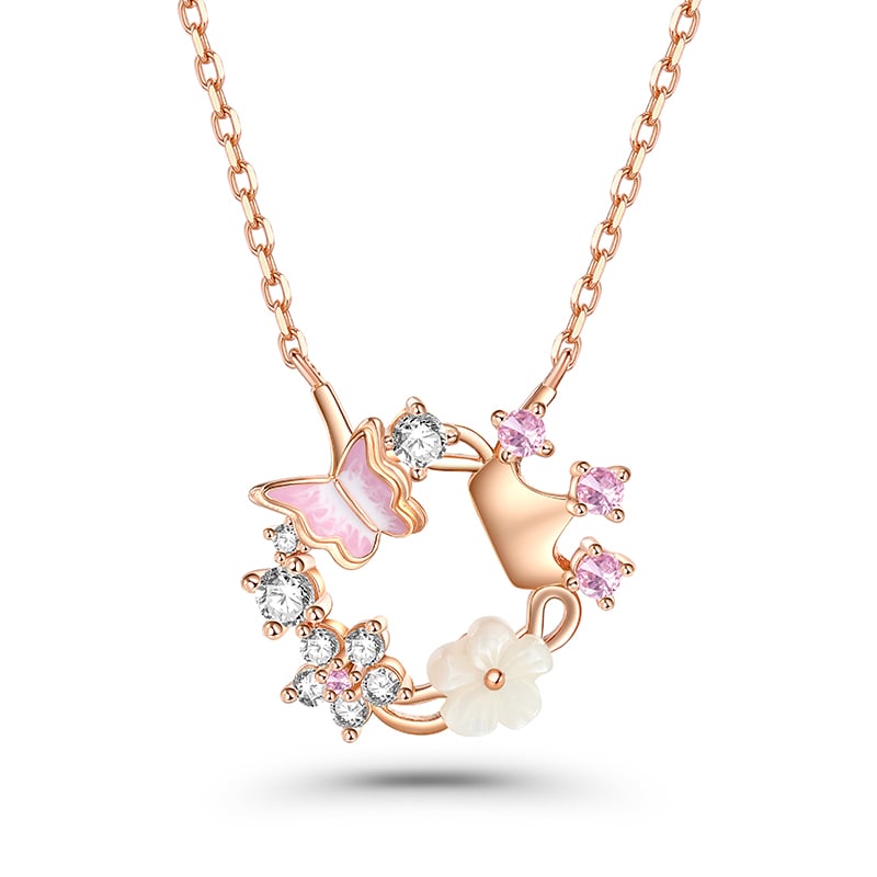 Jeulia Princess Crown Shell Flower Butterfly Necklace Sterling Silver