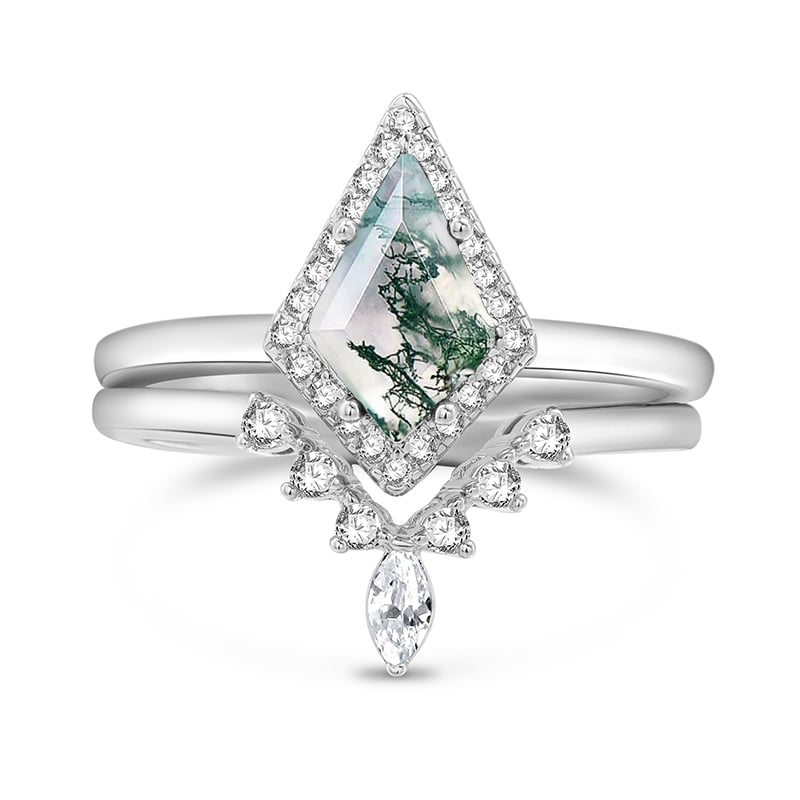 Jeulia Vintage Moss Agate Engagement Ring Set Sterling Silver