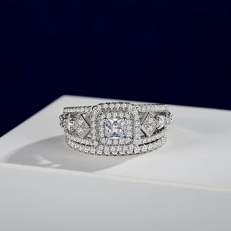 Jeulia Juego de Anillos de Compromiso Corte Princesa con Doble Halo en Plata de Ley