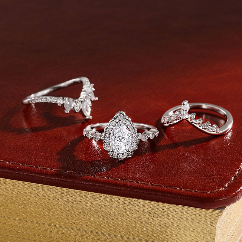 Jeulia Vintage Halo Pear Bridal Set with Enhancer Sterling Silver
