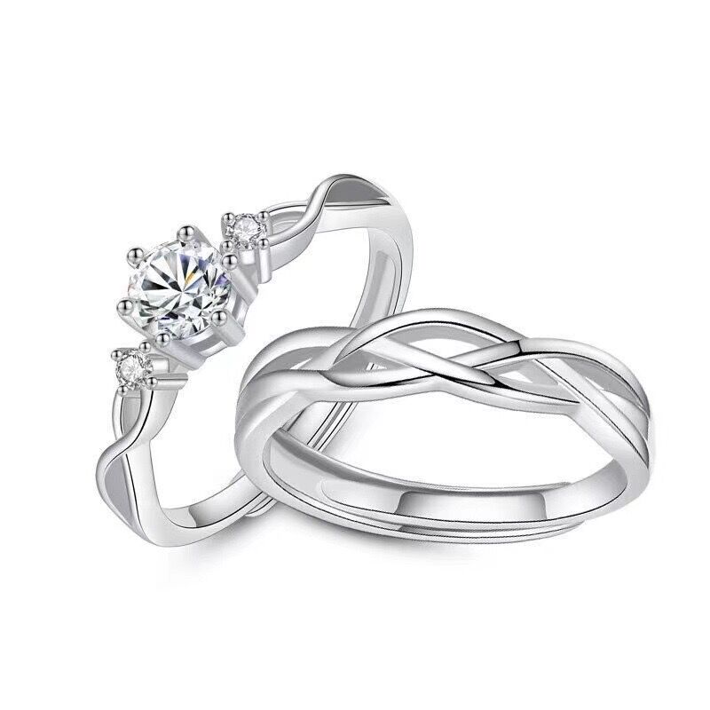 Jeulia Simple Couple Rings Three Stone Twist Hollow Adjusted Sterling Silver