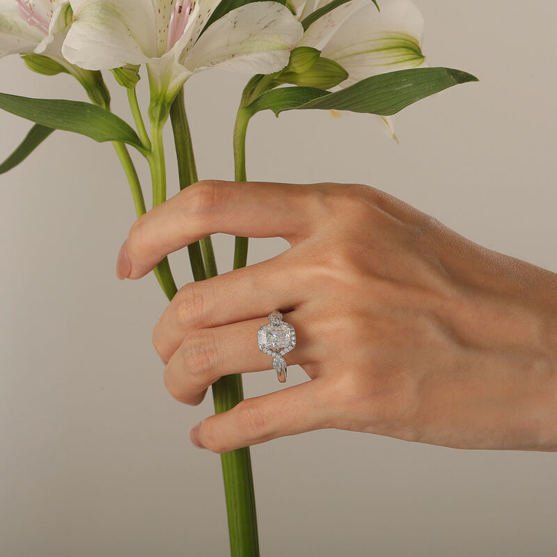 Jeulia Anillo de Compromiso con Halo Infinito Corte Radiante de Plata Esterlina
