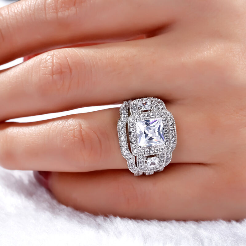 Jeulia Halo Princess Cut Sterling Silver Ring Set