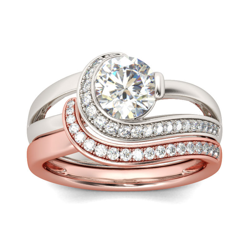 Jeulia Conjunto De Anillos Con Dos Tonos De Tallo Dividido De Talla Redonda En Plata De Ley
