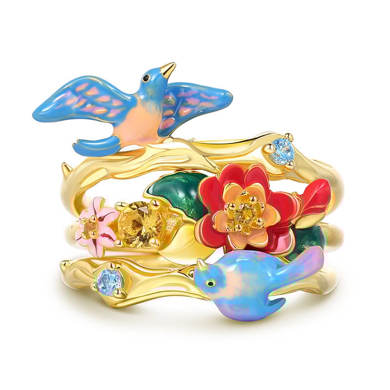 Jeulia "Natural Beauty" Bird&Flower Enamel Sterling Silver Stacking Ring