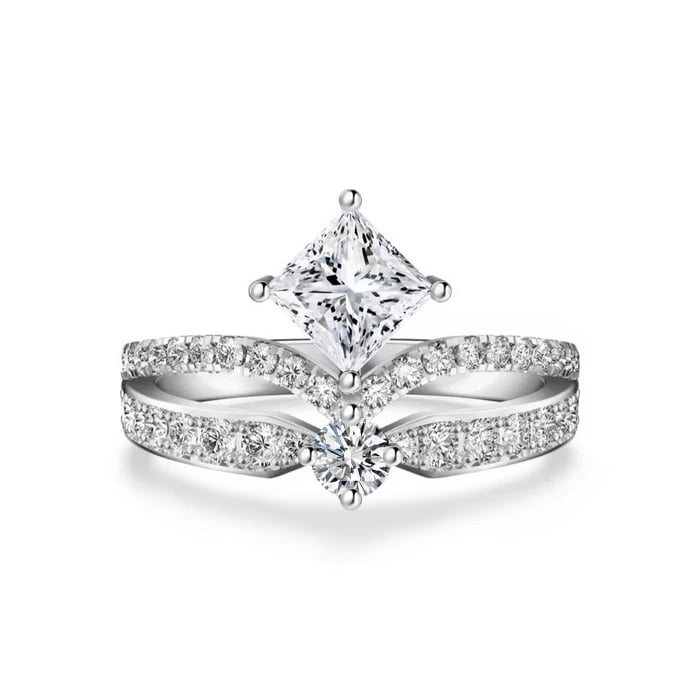 Jeulia Crown Double Row Princess Cut Engagement Ring