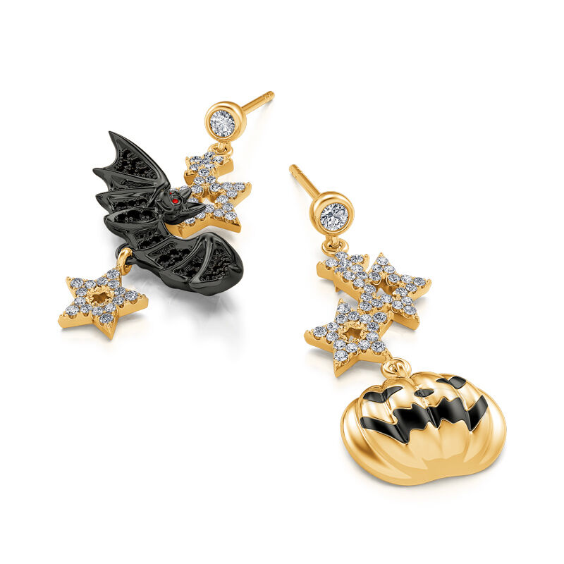 Jeulia "Halloween Fun" Bat & Pumpkin Sterling Silver Asymmetrical Earrings