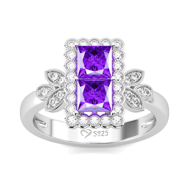 Leaf Design Princess Cut Sterling Silver Ring