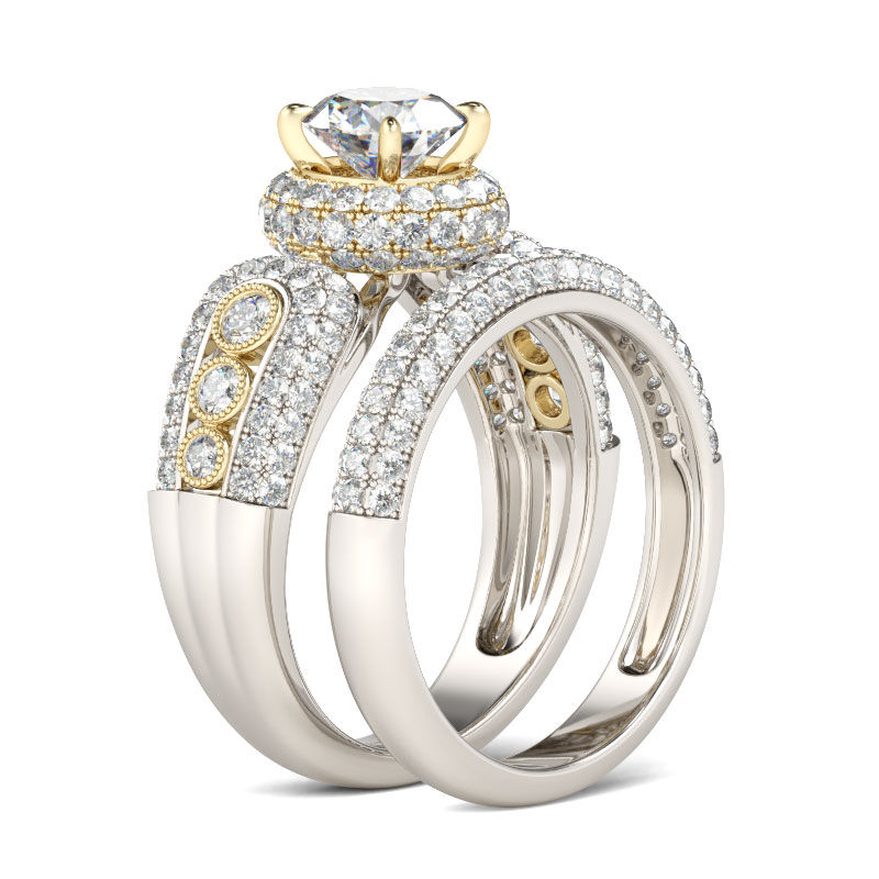 Jeulia Conjunto De Anillos Con Dos Tonos De Halo De Talla Redonda En Plata De Ley