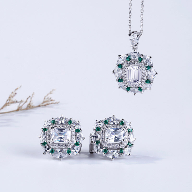 Double Halo Radiant Cut Sterling Silver Jewelry Set
