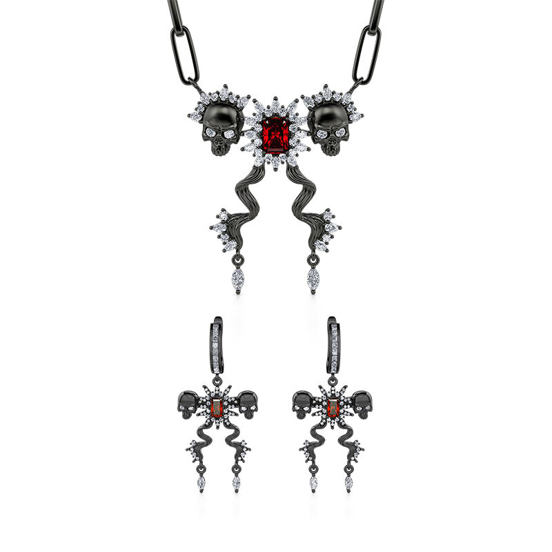 Jeulia "Death Stare" Two Skull Design Sterling Silver Jewelry Set