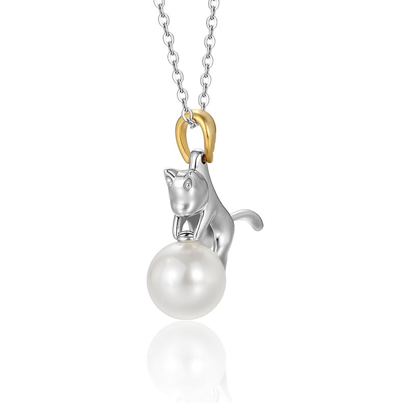 Jeulia Two Tone Pearl Cat Pendant Necklace Sterling Silver