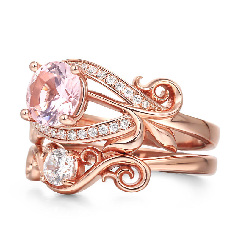 Jeulia "Art Deco" Round Cut Synthetic Morganite Sterling Silver Ring Set