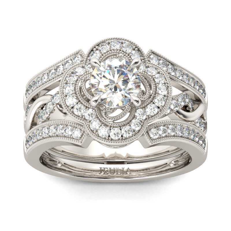Jeulia Conjunto De Anillos Intercambiables Torcidos Con Halo De Talla Redonda En Plata De Ley
