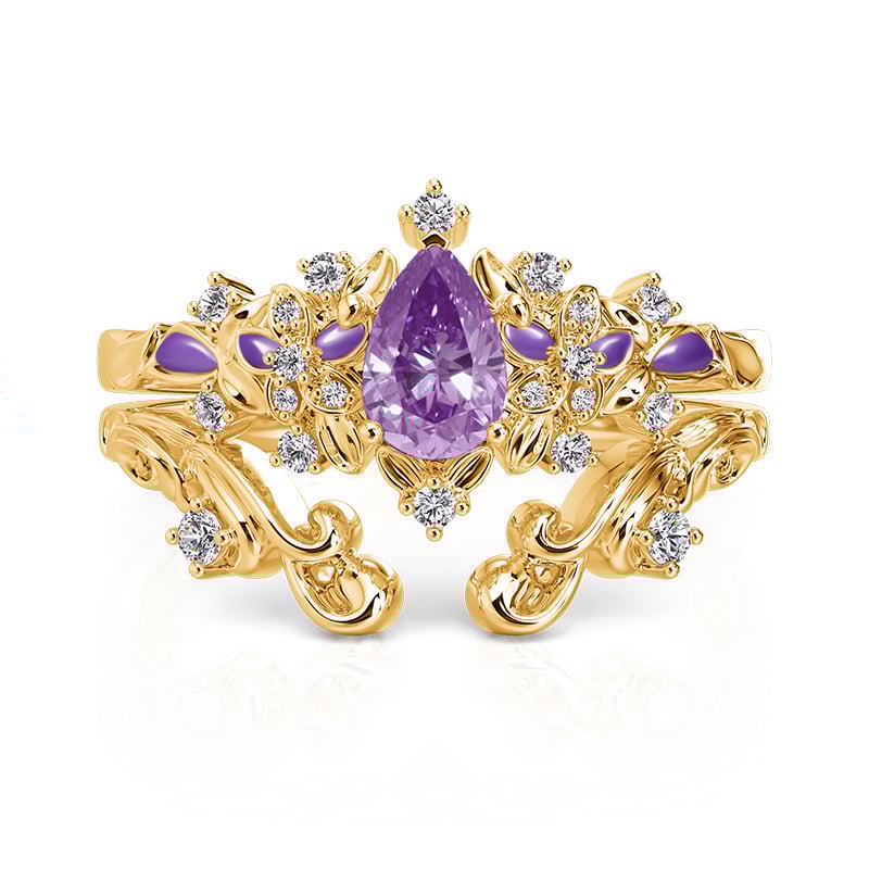 Jeulia Starry Purple Stone Pear Cut Gold Ring Set