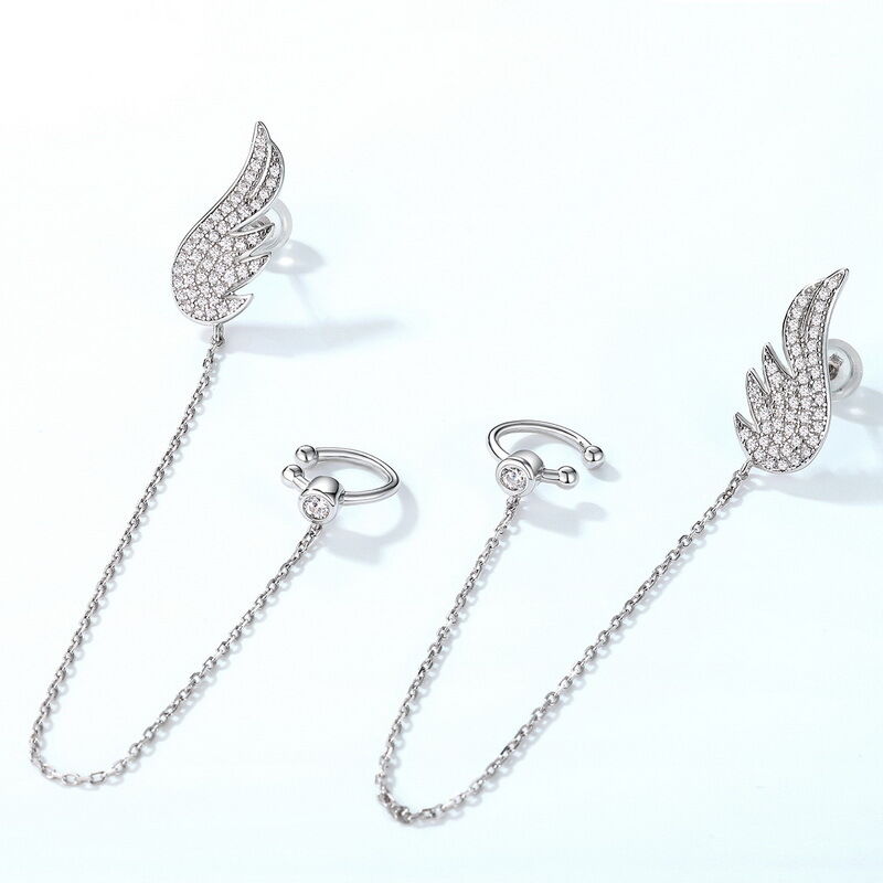 Jeulia Wing Design Sterling Silver Ear Cuff with Chain
