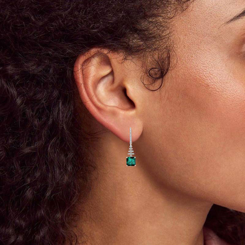 Jeulia Classic Emerald Princess Cut Sterling Silver Earrings