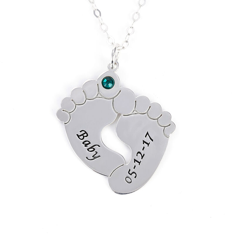 Jeulia Engraved Baby Feet Family Necklace with Birthstone Sterling Silver