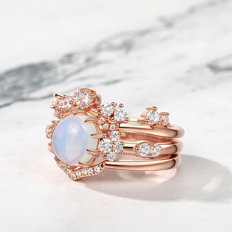 Jeulia "Ethereal Beauty" Three Piece Moonstone Sterling Silver Ring Set