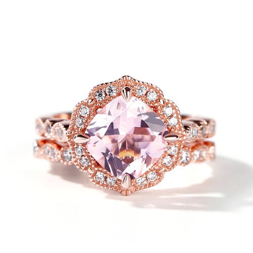 Jeulia Floral Halo Cushion Cut Synthetic Morganite Sterling Silver