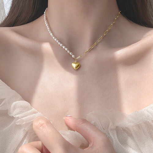 Jeulia Simple Heart and Pearl Design Sterling Silver Necklace