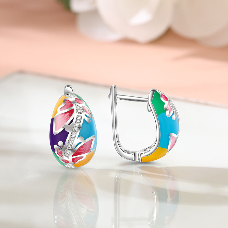 Jeulia "Natural Beauty" Butterfly & Flower Enamel Sterling Silver Hoop Earrings