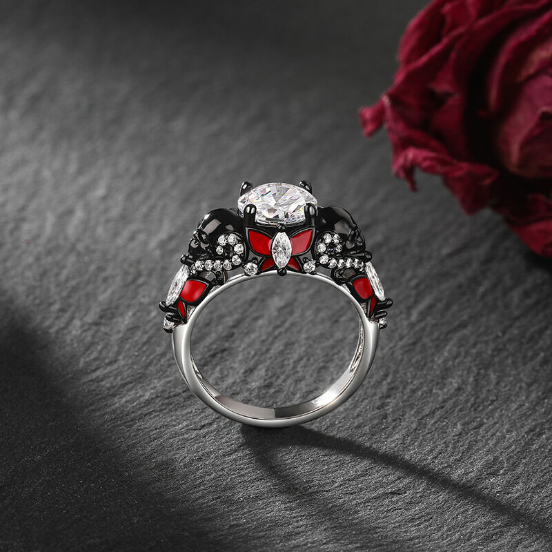 Jeulia Vintage Black Skull Butterfly Wedding Ring Sterling Silver