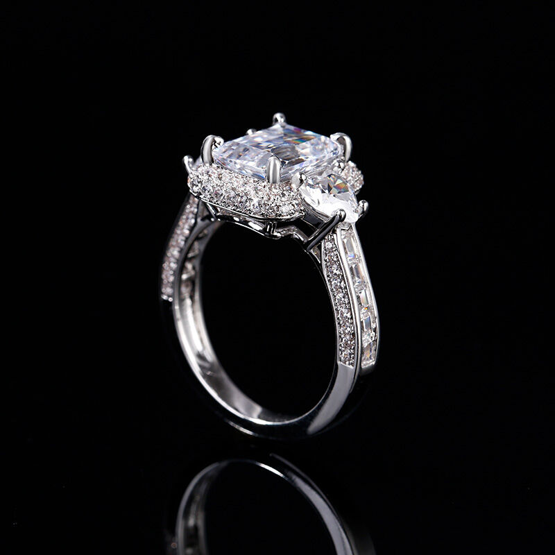 Jeulia Halo Three Stone Emerald Cut Sterling Silver Ring