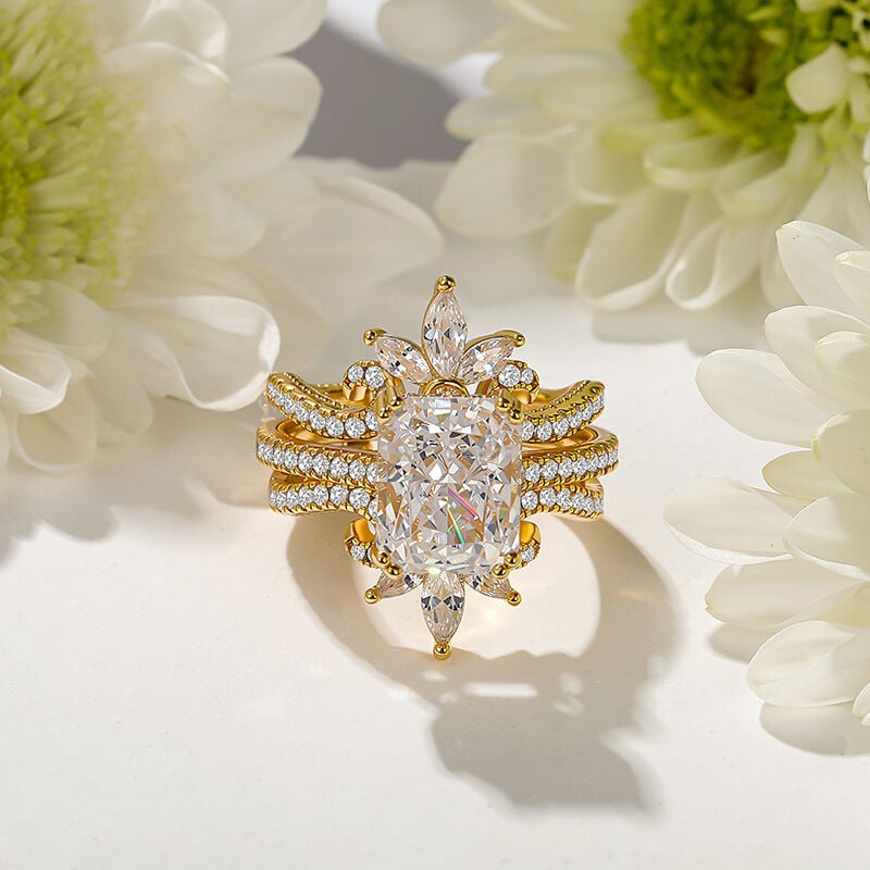 Jeulia Radiant Cut Bridal Ring Set with Symmetrical Leaf Design Enhancer